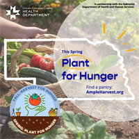 Graphic promoting 'Plant for Hunger.' Background shows a basket of fresh garden vegetables being held over a garden bed. Text reads: 'This Spring Plant for Hunger. Find a pantry at AmpleHarvest.org.' Includes the Lincoln-Lancaster County Health Department logo, a Nebraska outline, and a badge for spring planting and fall harvest programs.